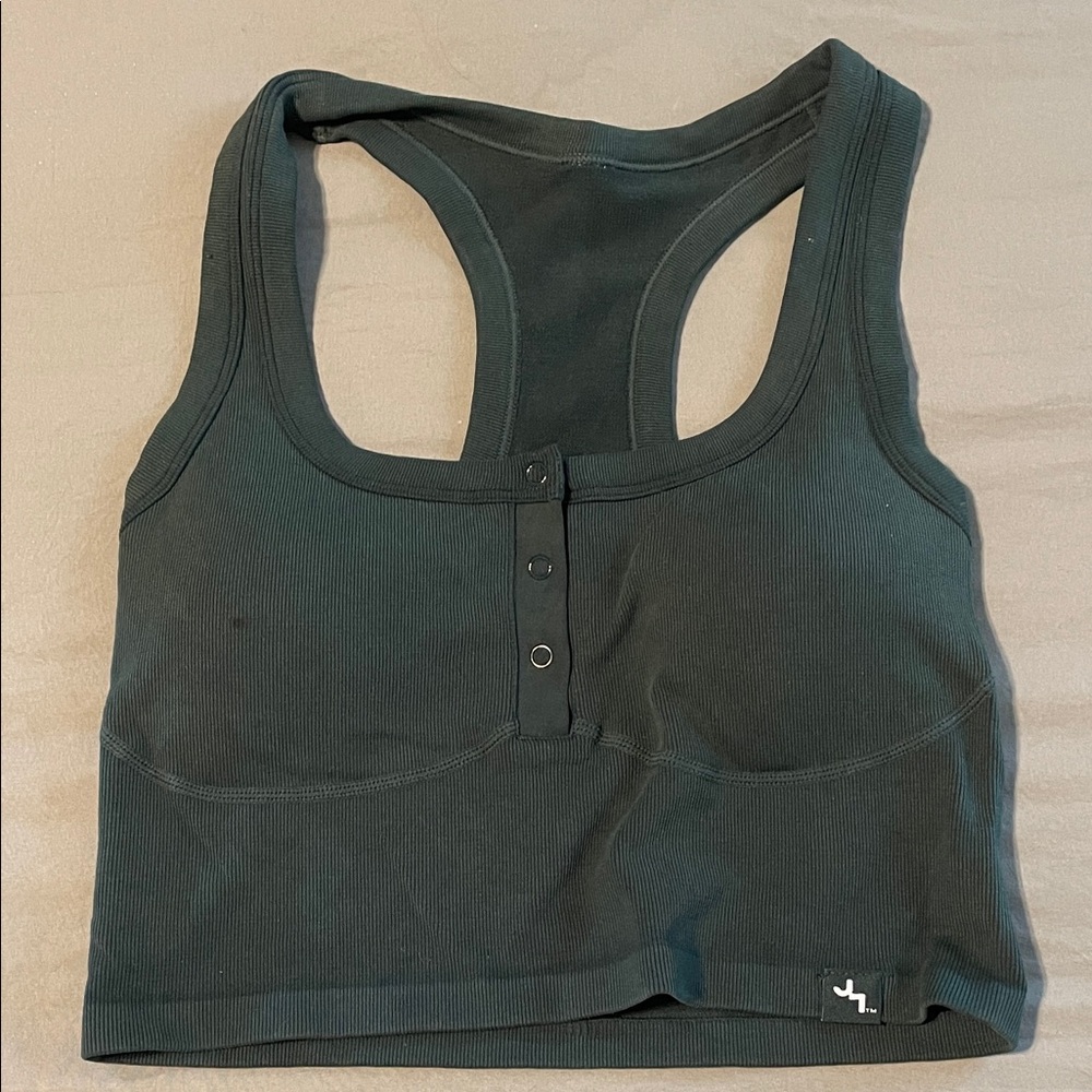 JoyLab Dark Green Ribbed Racerback Snap Crop Tank